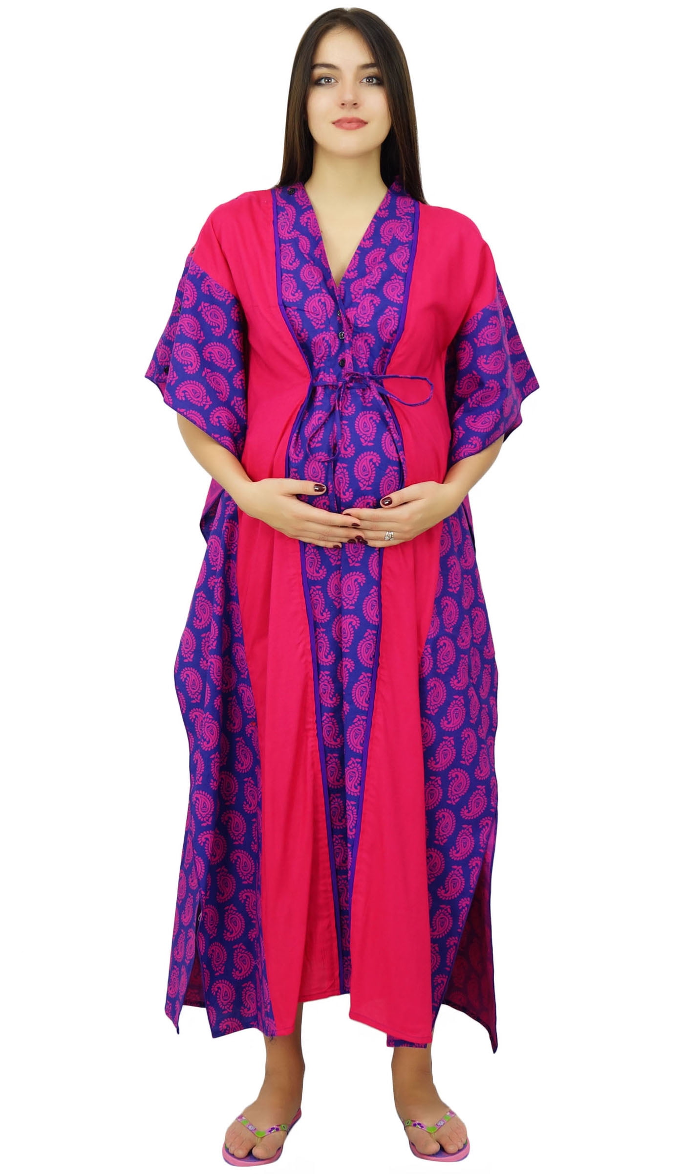 Bimba Women's Long Floral Printed Kaftan – Smocked Waist Maxi Dress For Sleepwear Or Lounge