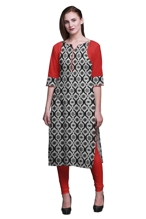 Cotton Panel Kurta Printed Women Straight Kurti Indian Summer Clothing-Large