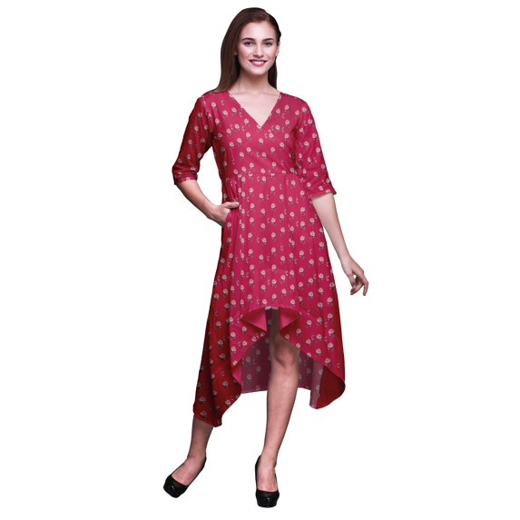 Bimba Cotton Pink Leaf Floral Printed Ladies Asymmetrical Pocket Shift Dress Short Sleeve V Neck Midi Dress-XX-Large