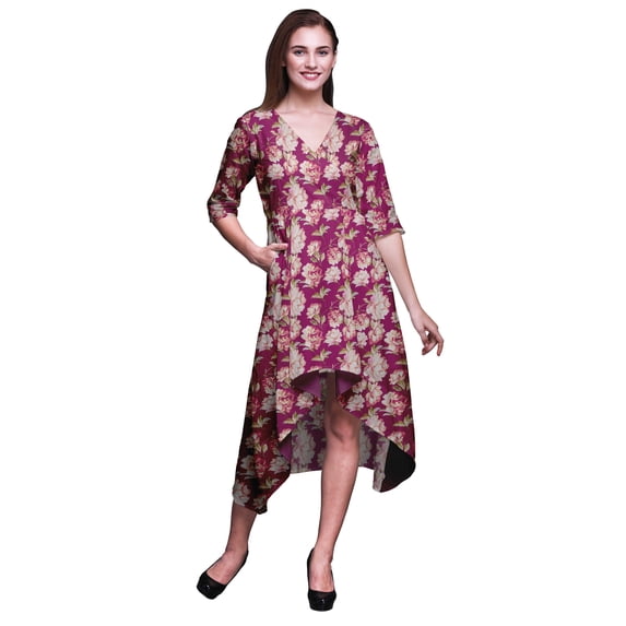 Bimba Cotton Pink Leaves & Carnation Floral Printed Ladies Asymmetrical Pocket Shift Dress Short Sleeve V Neck Midi Dress-XSmall