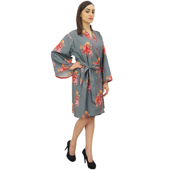Bimba Cotton Poplin Floral Print Bridesmaid Sleepwear Kimono Robe With Belt - 16