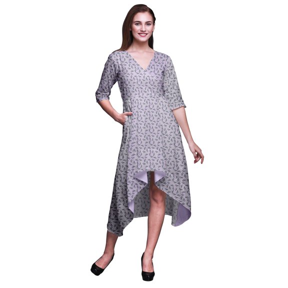 Bimba Cotton Purple Cotton Ball Floral Womens V Neck Asymmetrical Pocket ShiftÂ DressÂ Short Sleeve MidiÂ Dress-Medium