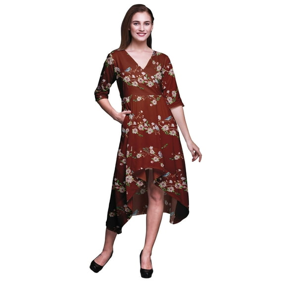 Bimba Cotton Red Blossom & Goldfinch Bird Womens Asymmetrical Pocket ShiftÂ DressÂ Summer Party MidiÂ Dress-XXX-Large