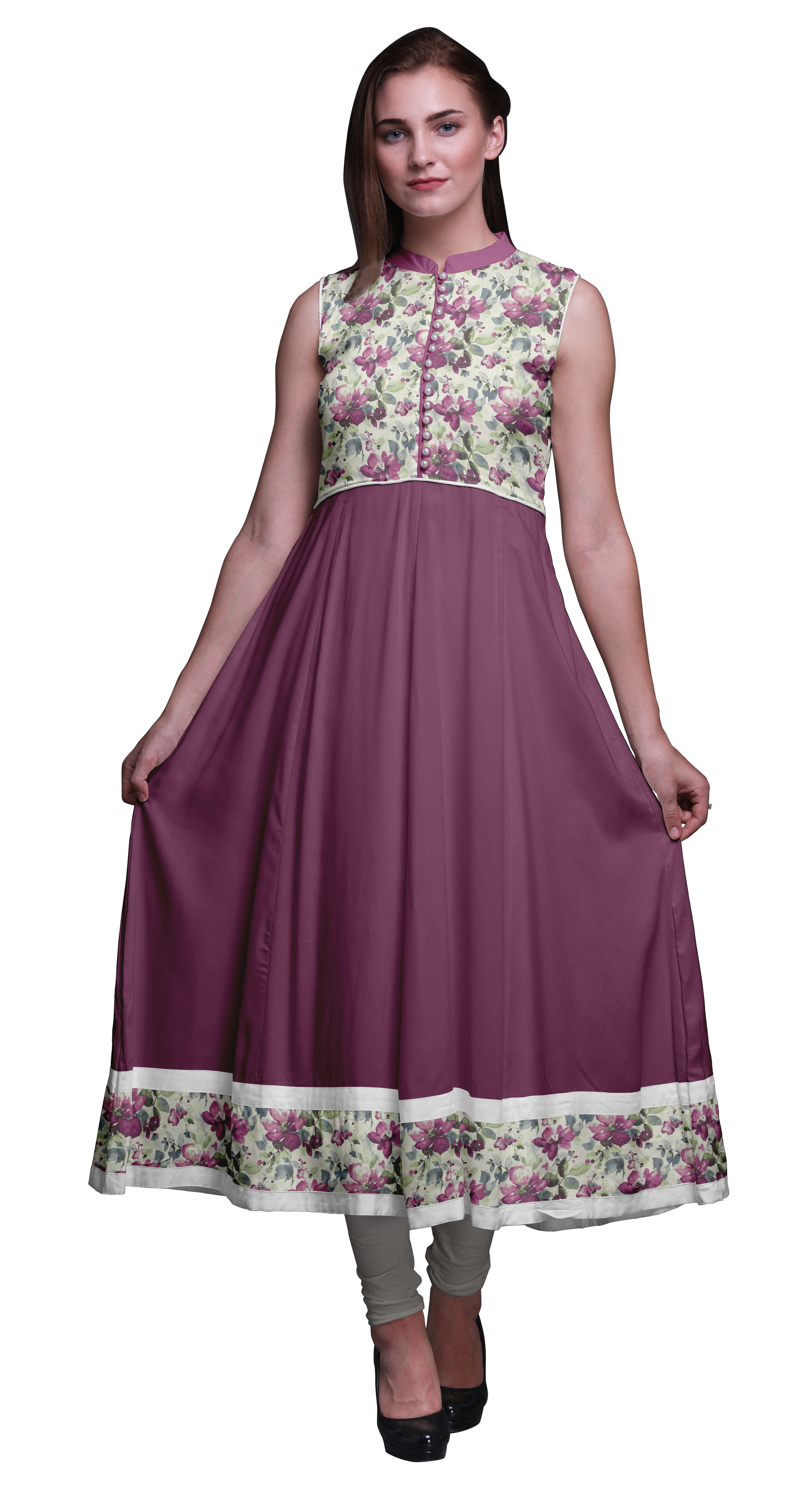 Bimba Women's Peach Flared Anarkali Kurta - Cotton, 50 Inch Length, 3/4 Sleeves, Floral Design - View #3