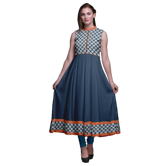 Bimba Dark Navy Blue Damask Printed Women Designer Mandarin Collar Anarkali Dress Indian Ethnic Kurta Large