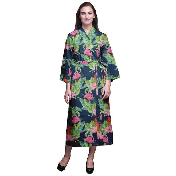 Bimba Dark Navy Blue Floral Flamingo,Leaves & Water Lily Bathrobes For Women Wrap Printed Bride Getting Ready Dress Robe For Girls X