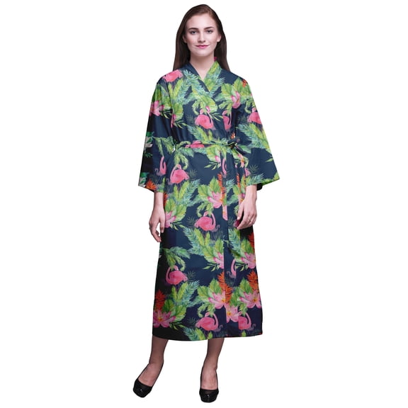 Bimba Dark Navy Blue Floral Flamingo,Leaves & Water Lily Cotton Robe Women Lightweight Printed Crossover Robes Bridesmaid Getting Ready Shirt L