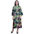thumbnail image 1 of Bimba Dark Navy Blue Floral Flamingo,Leaves & Water Lily Cotton Robe Women Lightweight Printed Crossover Robes Bridesmaid Getting Ready Shirt X, 1 of 5