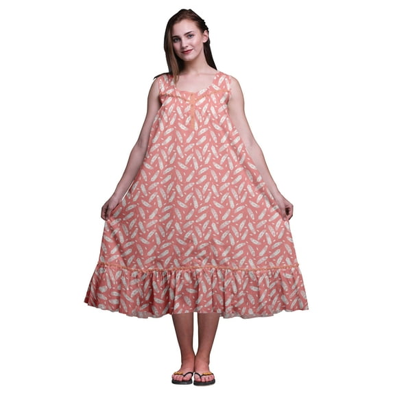 Bimba Dark Peach Orange3 Mix White Feather Cotton Nightgowns For Women Mid-Calf Printed Sleepwear Night Dress XX-Large
