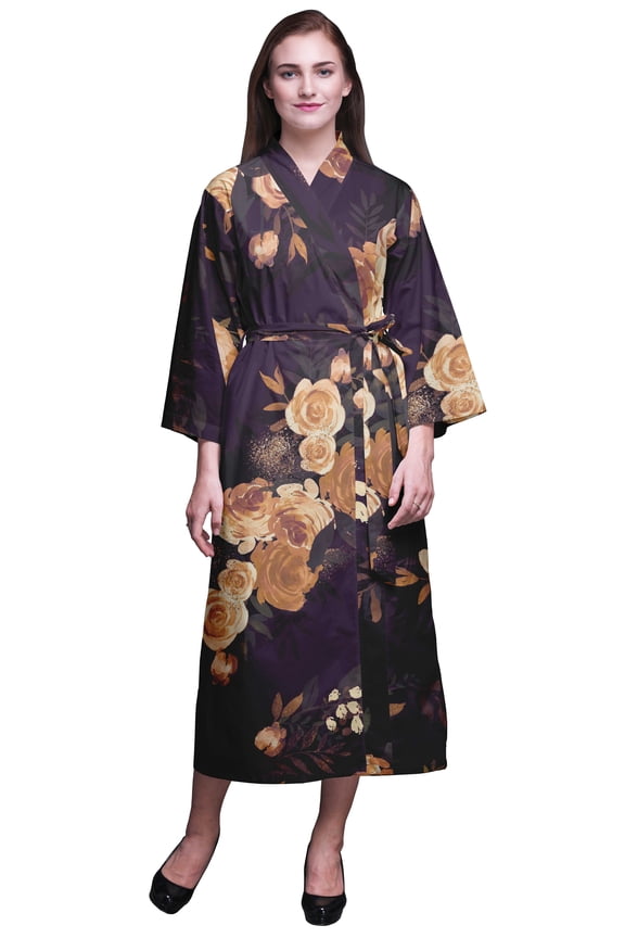 Dark Purple Floral Leaves Wreath & Rose Printed Crossover Robes Bridesmaid Getting Ready Shirt Dresses Bathrobes For Women XL