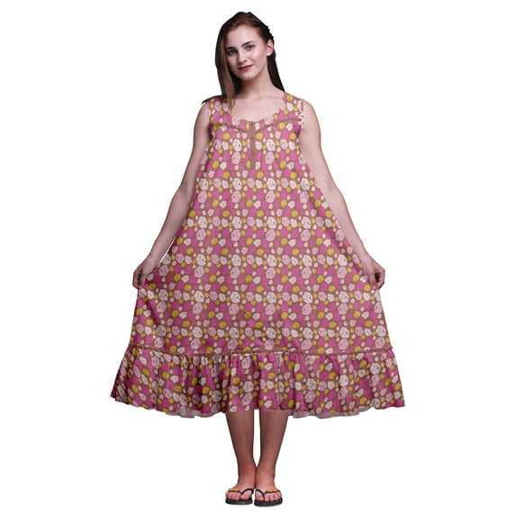 Bimba Dark Rose Brown3 Leaves Monstera Mid Calf Nightwear Ladies Cotton Printed Sleeveless Night Gown Maxi Dress X-Small