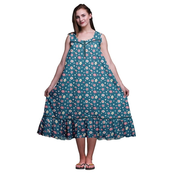 Bimba Dark Teal Blue Dot,Heart & Flower Sleeveless Cotton Nightgowns For Women Printed Mid-Calf Length Sleepwear X-Small