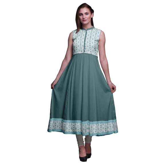 Bimba Dark Teal Green Geometric Anarkali Dress Mandarin Collar Sleeveless Kurtis for Women Print Maxi Dress Medium