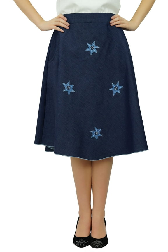 Denim Skirt Elastic Back Waist A-line Skirts with Star Applique Patches