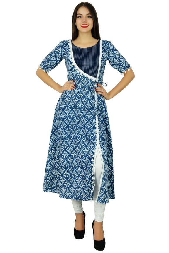 Designer Angrakha Style Cotton Kurta Long A-Line Kurti Dress Indian Women Cusom Clothing