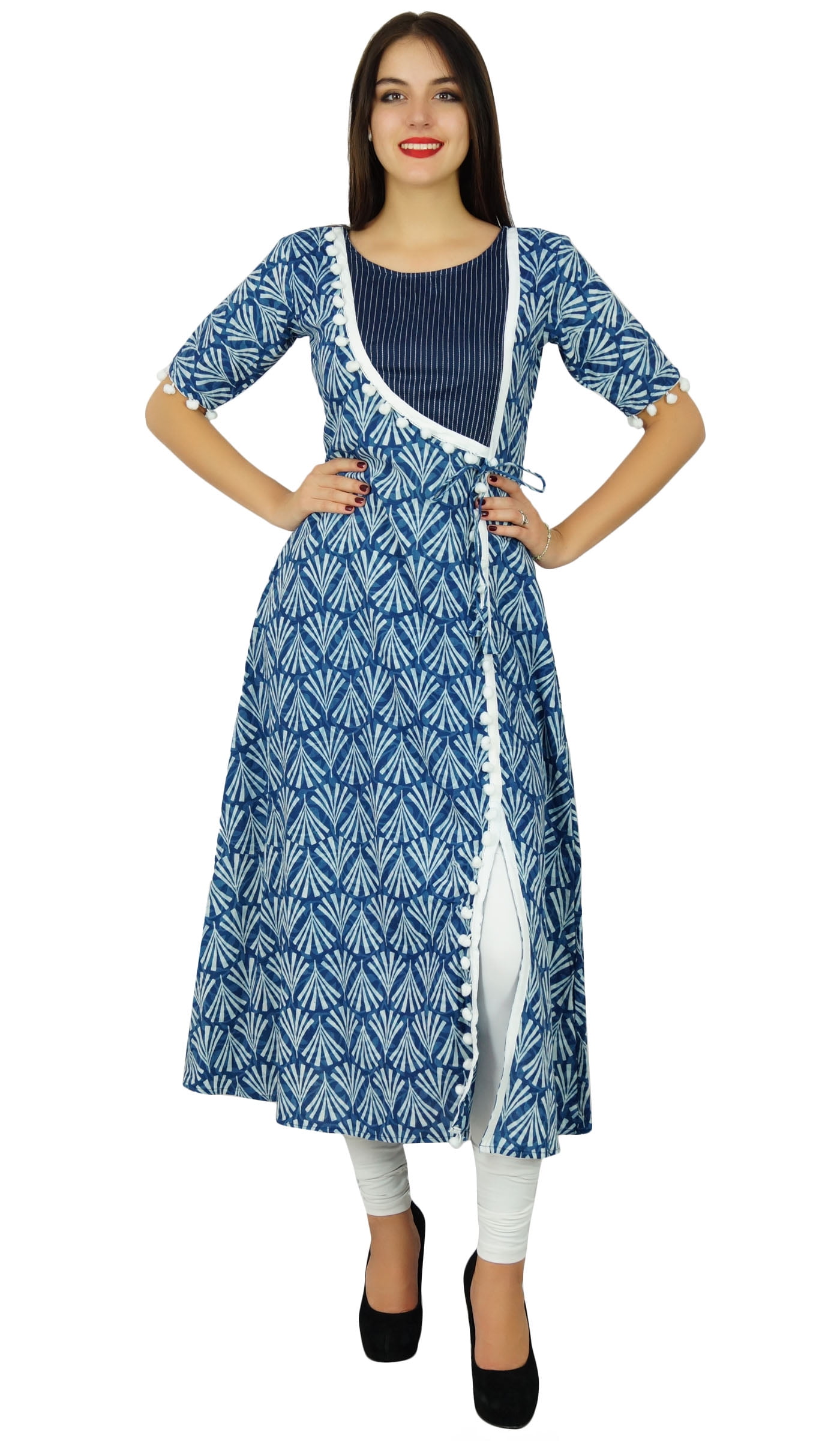 Blue Rayon Printed Naira Cut Angrakha Style Kurti