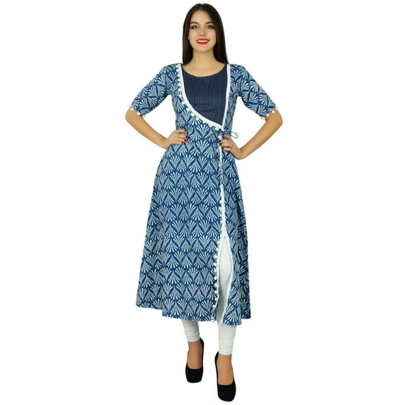 Bimba Designer Angrakha Style Cotton Kurta Long A-Line Kurti Dress Women Clothing