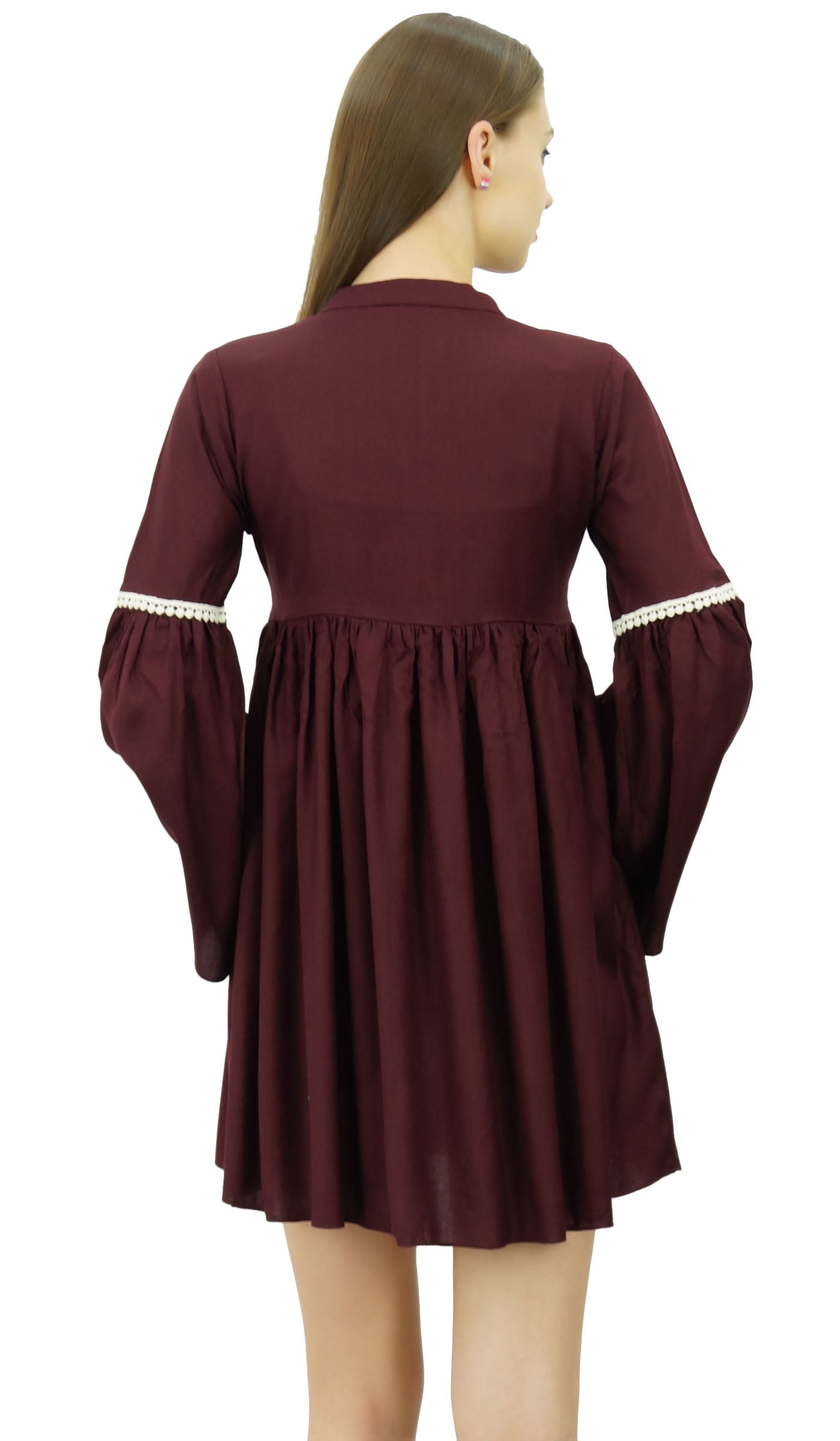 Bimba Designer Long Ruffle Sleeve Short Dress Lace Detail Boho Chic ...