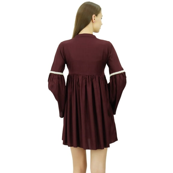 Bimba Designer Long Ruffle Sleeve Short Dress Lace Detail Boho Chic Dresses