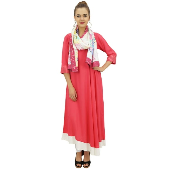 Bimba Designer Peach Kurta Kurti Indian Women Dress Rayon Blouse With Scarf-8