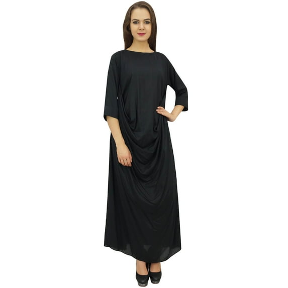 Bimba Designer Women's Cowl Maxi Black Dress With Printed Tassel Scarf - 24