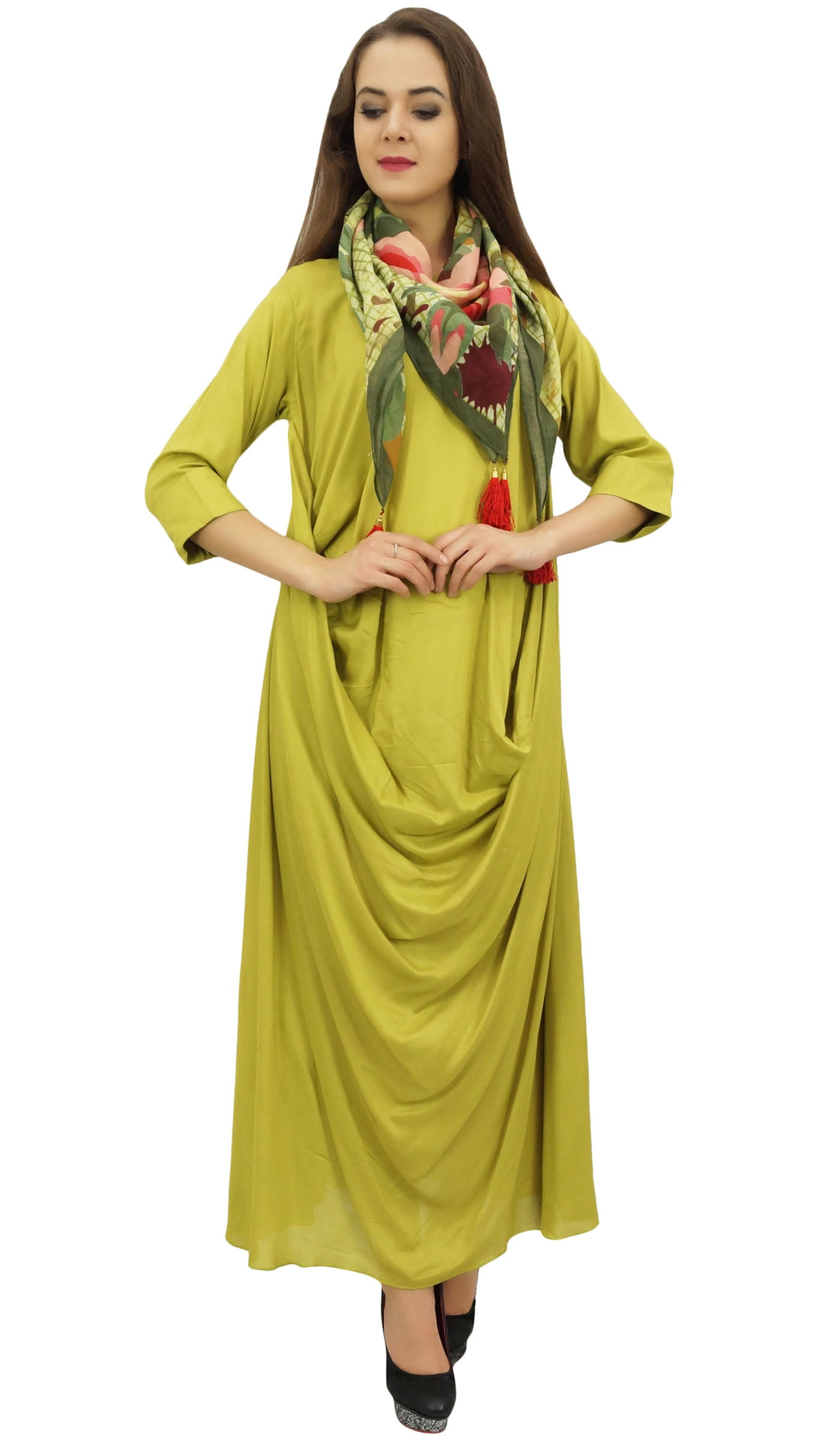 Bimba Designer Women's Cowl Maxi Lime Green Dress With
