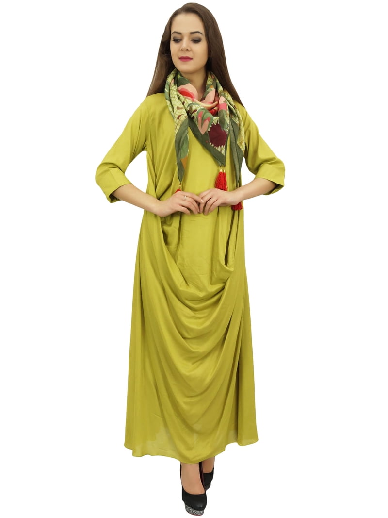 Bimba Designer Women's Cowl Maxi Lime Green Dress With Printed Tassel Scarf  - 12 - Walmart.com