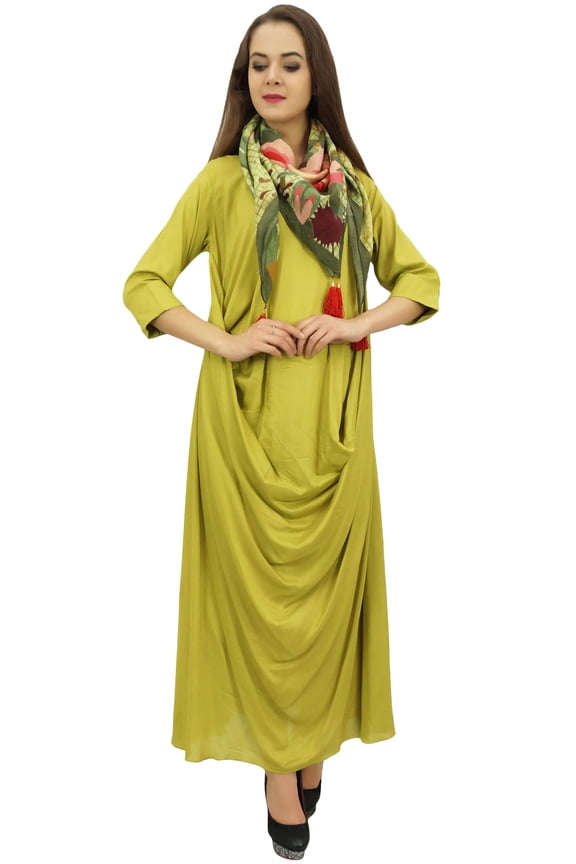 Designer Women's Cowl Maxi Lime Green Dress With Printed Tassel Scarf - 26