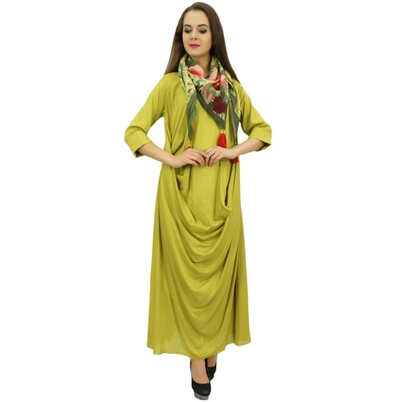 Bimba Designer Women's Cowl Maxi Lime Green Dress With Printed Tassel Scarf - 6