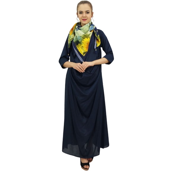 Bimba Designer Women's Cowl Maxi Navy Blue Dress With Printed Tassel Scarf - 24