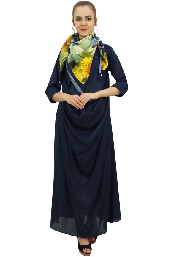 Designer Women's Cowl Maxi Navy Blue Dress With Printed Tassel Scarf - 4