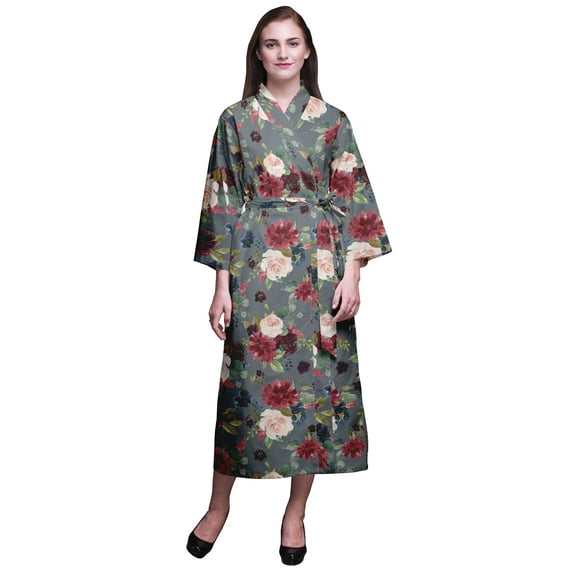 Bimba Dusty Blue Floral Leaves & Peony Long Robes For Women Printed Bride Getting Ready Bridesmaid Robes Cotton Bathrobes L