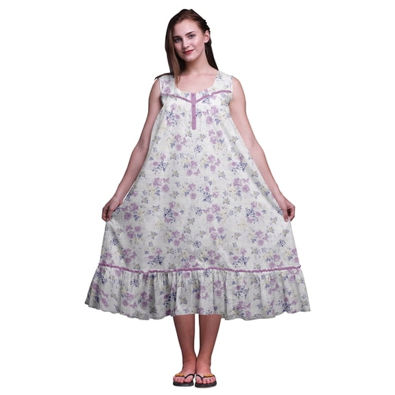 Bimba Dusty Purple2 Floral Butterfly & Peony Mid Calf Nightwear Ladies Cotton Printed Sleeveless Night Gown Maxi Dress X-Large