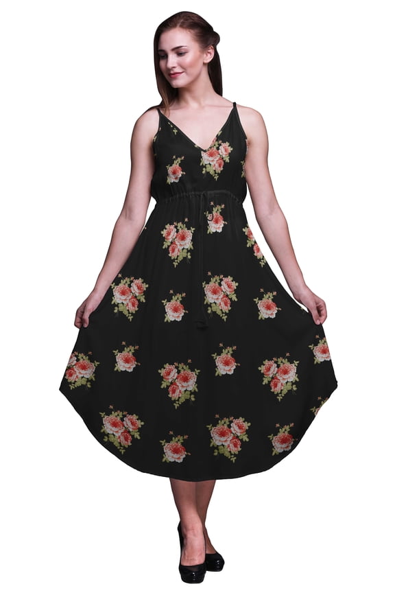 Fashion Printed Women Midi Beach Dress Strappy Summer Resort Wear