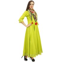 Bimba Flared Green Cotton Pom-Poms Kurta Classic Anarkali Dress With Scarf - 4