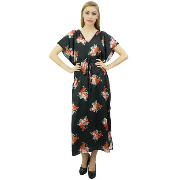 Bimba Floral Black Satin Kimono Long Bridesmaid Cover Up Drawstring Kaftan - 6