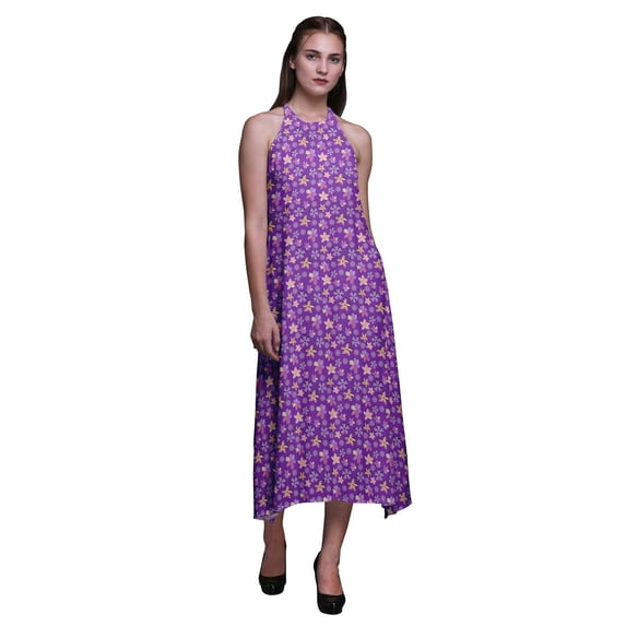 Bimba Floral Causal Long Backless Halter Neck Dress Women Printed Beach Dress-Medium