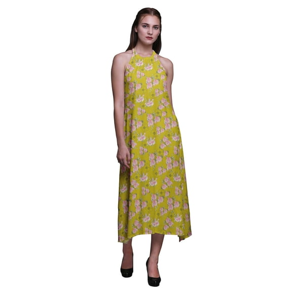 Bimba Floral Causal Long Backless Halter NeckÂ DressÂ Women Printed BeachÂ Dress-Small
