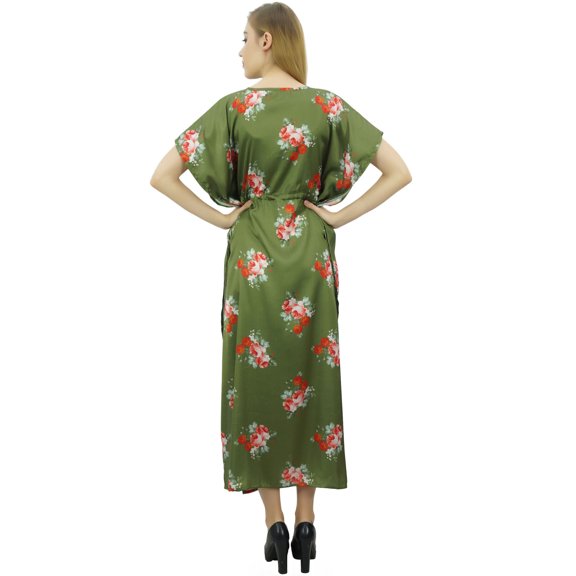 Bimba Floral Green Satin Kimono Long Bridesmaid Cover Up Drawstring Kaftan - 10