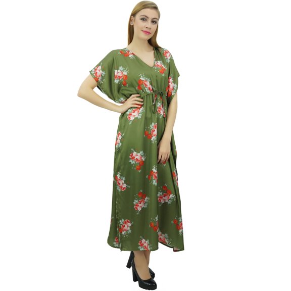 Bimba Floral Green Satin Kimono Long Bridesmaid Cover Up Drawstring Kaftan - 14