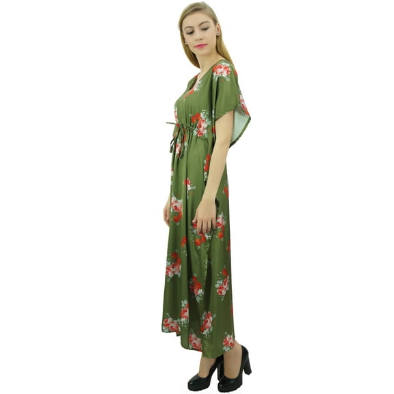 Bimba Floral Green Satin Kimono Long Bridesmaid Cover Up Drawstring Kaftan - 8