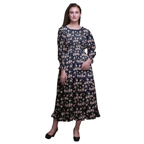 Bimba Floral Ladies Bishop Sleeve Round Neck Ruffle Maxi Smocked Waist Dress-Large