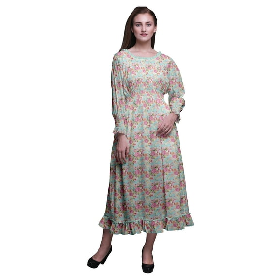 Bimba Floral Ladies Bishop Sleeve Round Neck Ruffle Maxi Smocked Waist Dress-Small