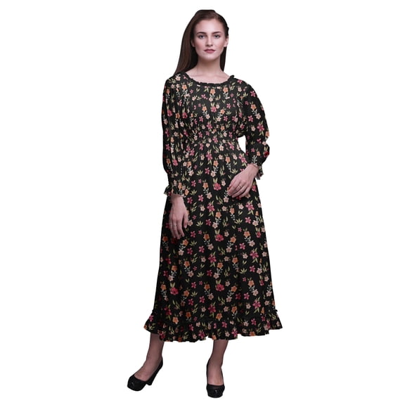 Bimba Floral Ladies Bishop Sleeve Round Neck Ruffle Maxi Smocked WaistÂ Dress-X-Small