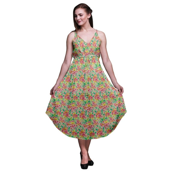 Bimba Floral Ladies Floral Print Dress Spaghetti Strap V Neck Midi Beach Wear-Large