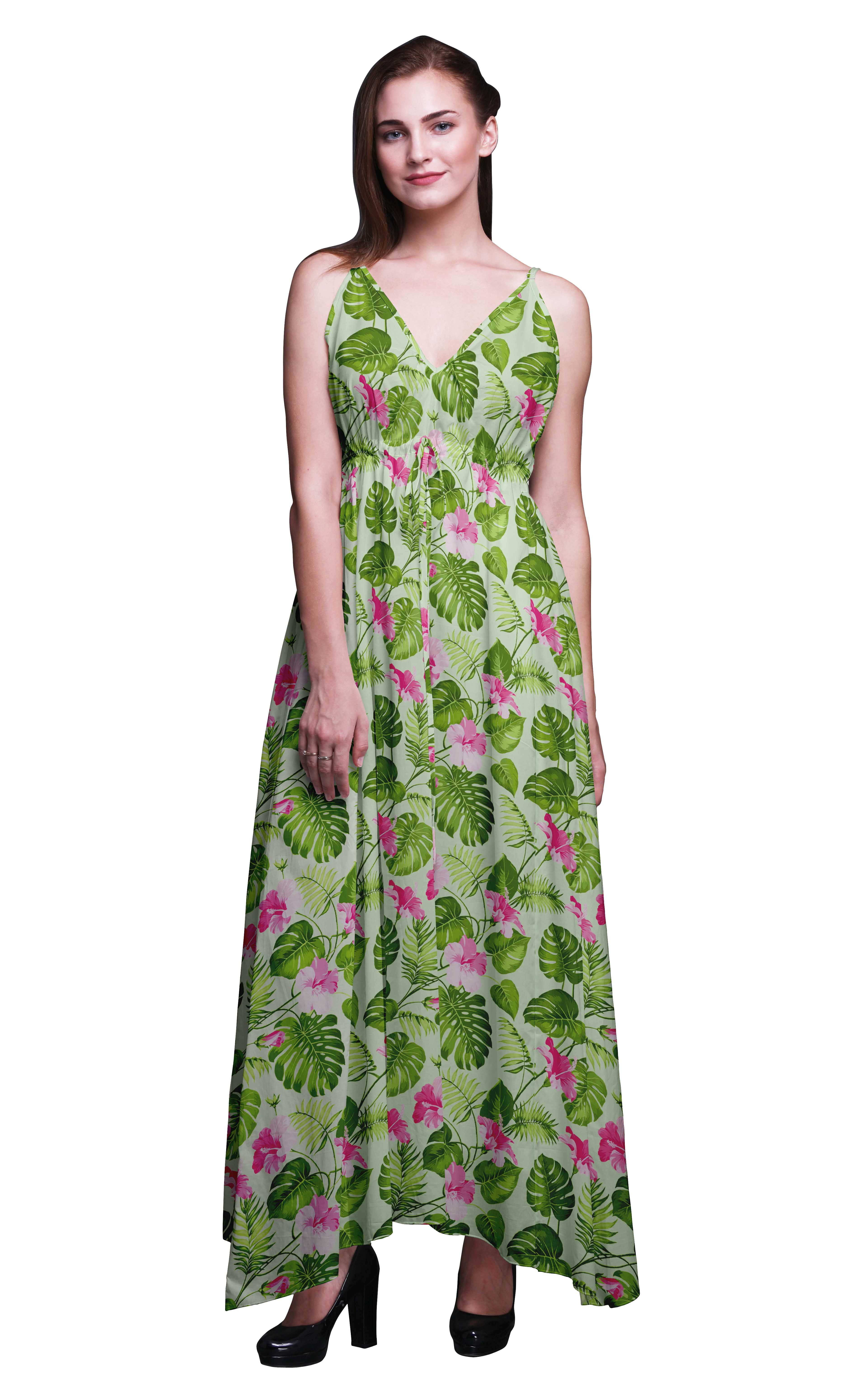 100% Cotton Maxi Dress Bimba Bird Printed Women Long Maxi Beach Dress Strappy Summer Resort Cover Up