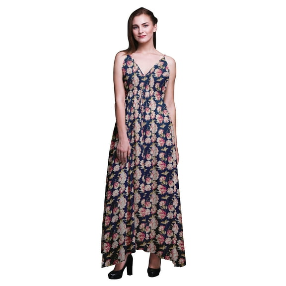 Bimba Floral Ladies Long Floral PrintÂ Dress Spaghetti Strap V Neck Maxi Beach Wear-Small