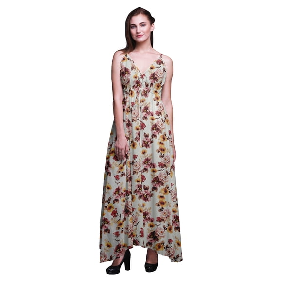 Bimba Floral Ladies Printed Resort Maxi Drawstring Dress Spaghetti Strap Beach Wear-Large