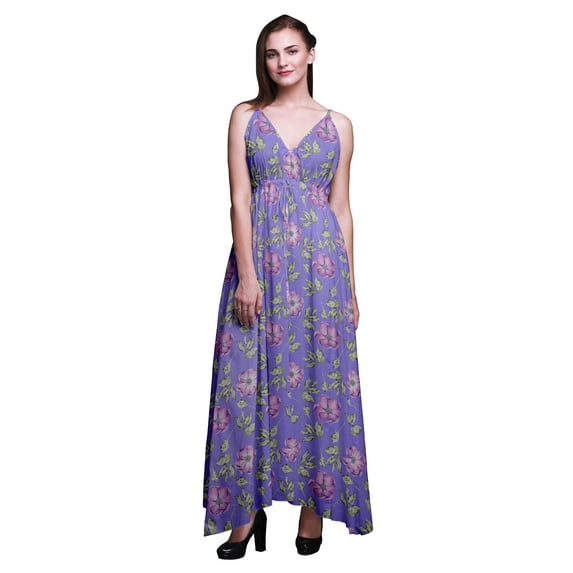 Bimba Floral Ladies Printed Resort Maxi Drawstring Dress Spaghetti Strap Beach Wear-Medium
