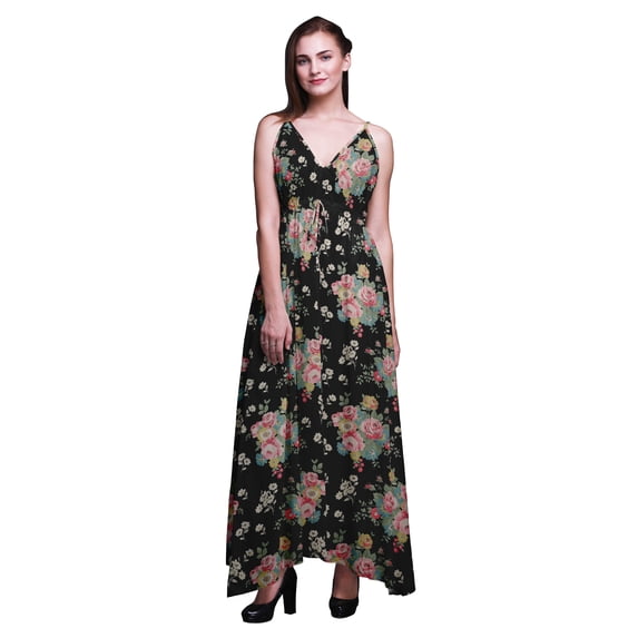 Bimba Floral Ladies Printed Resort Maxi Drawstring Dress Spaghetti Strap Beach Wear-Medium